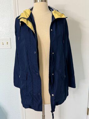 St. John’s Bay Navy Hooded Rain Jacket Yellow Stripe Lining XS